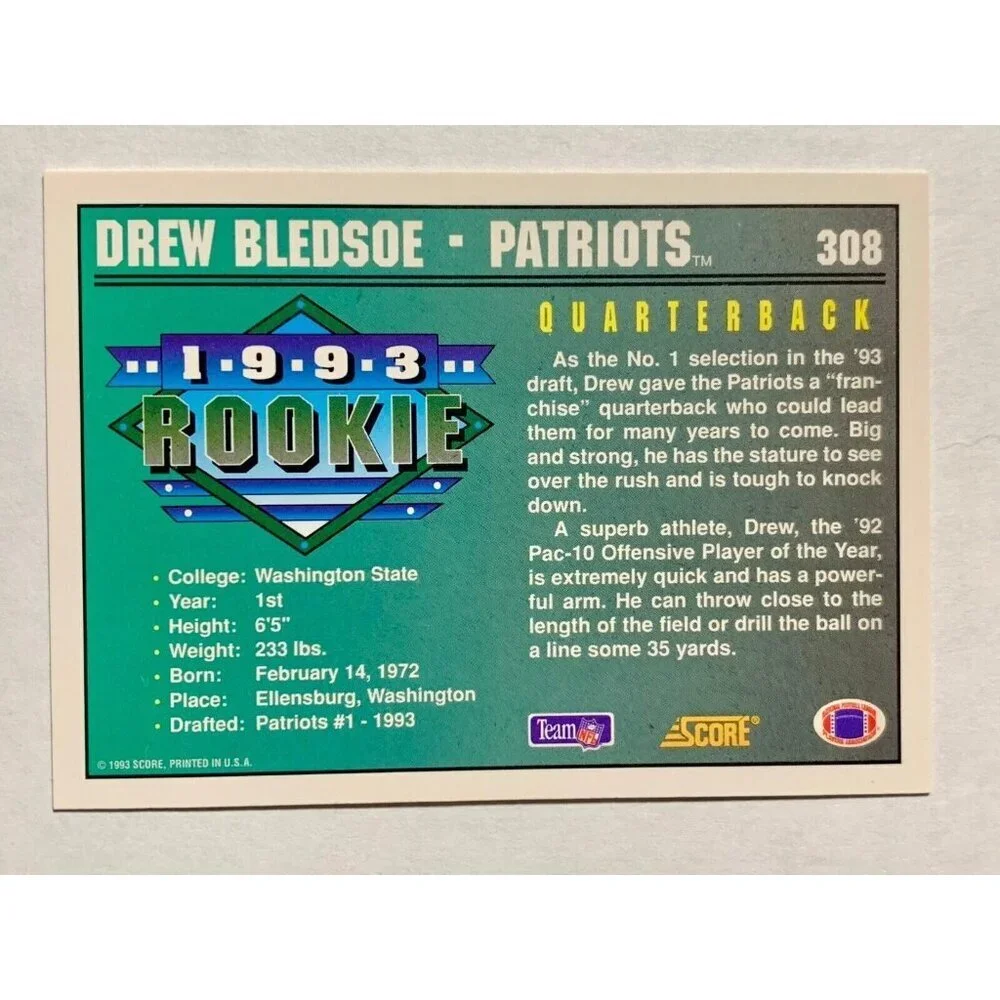 1993 Score #308 - Drew Bledsoe Rookie New England Patriots